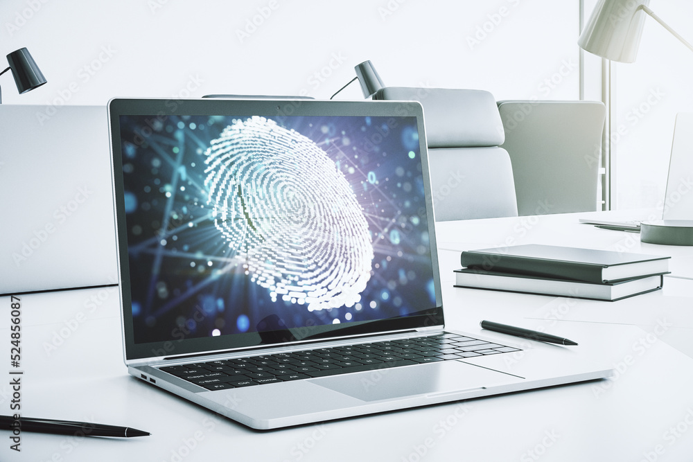 Poster Abstract creative fingerprint illustration on modern laptop monitor, digital access concept. 3D Rendering