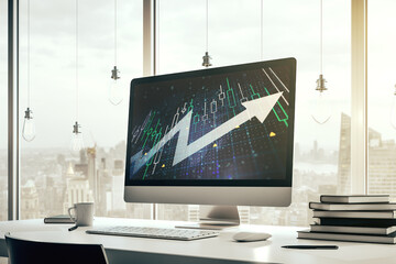 Abstract financial diagram with upward arrow on modern laptop screen, rise and breakthrough concept. 3D Rendering
