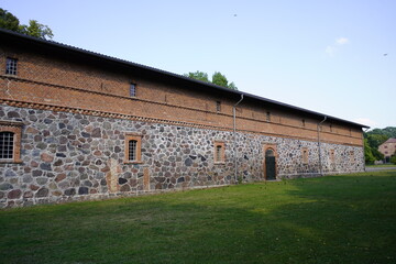 Historic, old, restored farmhouse building under monument protection in Stolpe. Peenetal Mecklenburg West Pomerania. Germany.