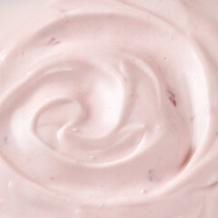 Curl of Yogurt. Empty pink nature yogurt, sour cream, ice cream. Simple and minimalistic. Yogurt with strawberries or raspberries. Delicious liquid Texture.