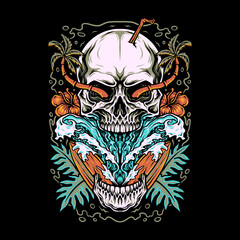 Skull summer beach t-shirt graphic design, hand drawn line with digital color, vector illustration