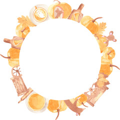 Watercolor Pumpkin halloween frame - wreath, mouse, food, autumn, decor, invitation, isolated, template, illustration, card