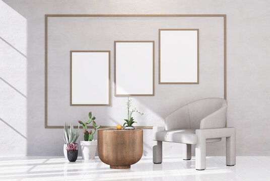 Mockup Interior of Set of 3 photo frames with Furniture and fixture with neutral tones