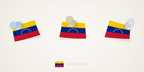 Pinned flag of Venezuela in different shapes with twisted corners. Vector pushpins top view.