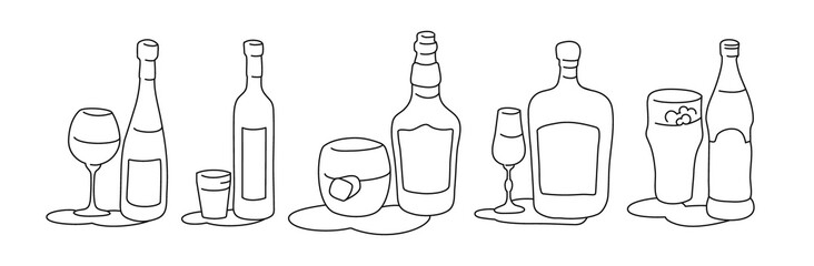 Wine vodka whiskey liquor beer bottle and glass outline icon on white background. Black white cartoon sketch graphic design. Doodle style. Hand drawn image. Party drinks concept. Freehand drawing