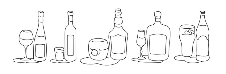 Wine vodka whiskey liquor beer bottle and glass outline icon on white background. Black white cartoon sketch graphic design. Doodle style. Hand drawn image. Party drinks concept. Freehand drawing
