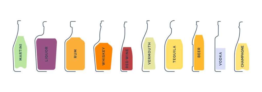 Bottle martini, liquor, rum, whiskey, red wine, vermouth, tequila, beer, vodka champagne in linear flat style on white background. Black thin outline in the form of a contour shadow and color fill