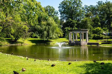 Saratoga Springs, NY - USA - Aug 3, 2022 Horizontal view of historic Congress Park, a park with...