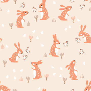 Seamless rabbits and butterflies pattern on pastel background fir textile, fabric, fashion, home decor and wallpaper