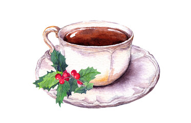 Tea cup and saucer with christmas mistletoe. Watercolor