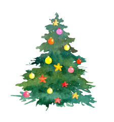 Christmas tree decorated by holiday baubles ornament. Watercolor pine, fir spruce 