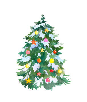 Christmas tree in snow with holiday baubles decor. Watercolor pine, spruce 