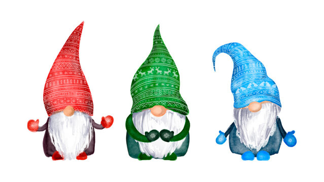 Watercolor christmas gnomes family in hats with scandinavian ornament. Set of nordic magic dwarfs