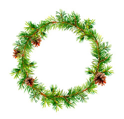 Spruce wreath - fir Christmas  tree branches frame. Watercolor round border