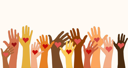 Arms and hands raised. Group of diverse people with heart. Charity donation and volunteer work. Support and assistance. Multicultural and multiethnic community. People diversity