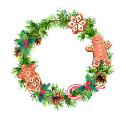 Fototapeta na wymiar Decorative Christmas wreath with pine tree branches, ginger cookies, gingerbread man, candy cane and mistletoe. Watercolor round border