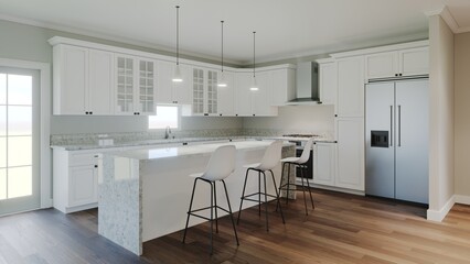 3d rendering of an interior with a white kitchen. 