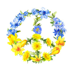 Peace symbol in Ukrainian flag colors with flowers. Antiwar watercolor illustration with not war floral symbol, pray for Ukraine sign
