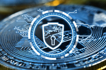 Cryptocurrency bitcoin and digital shield with lock interface.