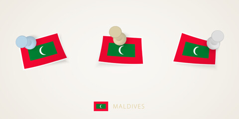 Pinned flag of Maldives in different shapes with twisted corners. Vector pushpins top view.