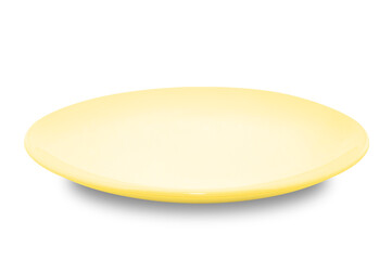 Yellow circle ceramics plate isolated on white background.