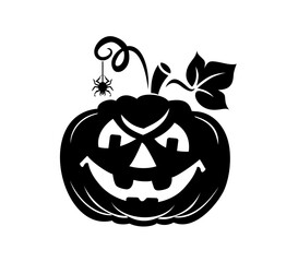 Halloween black element. Silhouette festive pumpkin with smiling face. Vector on transparent background