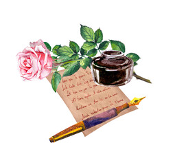 Pink rose flower, vintage pen, ink bottle, old paper with "I love you" hand written text in different languages. Watercolor