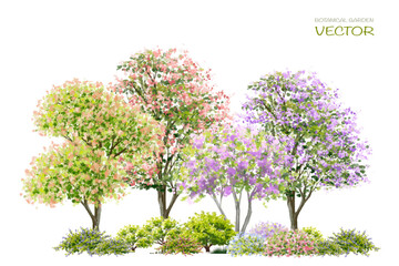 Obraz premium Vector watercolor blooming flower tree side view isolated on white background for landscape and architecture drawing, elements for environment or and garden,botanical elements for section 
