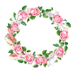 Rose flower wreath with feathers. Floral circle border. Watercolor