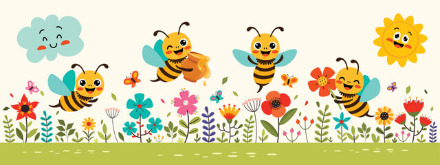 Fototapeta na wymiar Cartoon Illustration Of Cute Bees