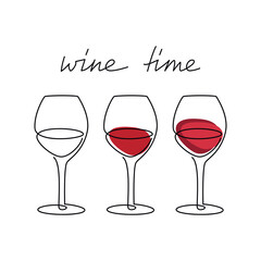 Hand drawn wine glasses vector with text. Wine Time handwritten lettering. One line continuous phrase, quote, slogan. Design for print, banner, wall art, poster, card.