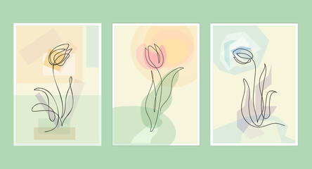 Tulip drawings. Beautiful watercolor tulips in one line style. Floral collection for postcards, posters and wall decoration. Minimalistic continuous line art vector illustration isolated on white back