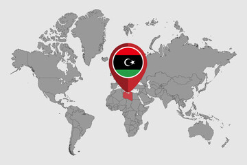 Pin map with Libya flag on world map. Vector illustration. - obrazy, fototapety, plakaty