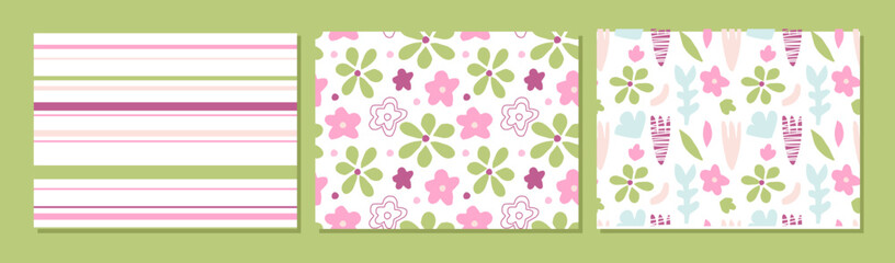 Floral seamless pattern collection. Pink green hand drawn flowers sketch, strips on white background. Three pattern set. Repeated Flower collage vector illustration For wallpaper, textile, wrapping