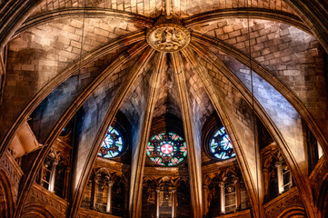 Medieval interior architecture of the Barcelona Cathedral, Spain