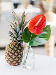 A red anthurium with a tropical leaf stands in a glass vase on a white table. In the background is a whole pineapple.