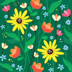 Garden colorful flowers, plants, botanical seamless pattern on green background. Vector illustration