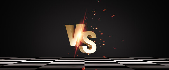 Versus or VS battle on chessboard with dark and fire ball background for competition between team , contestants and fighters by 3d render.