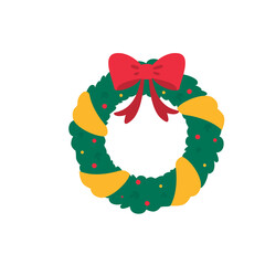 Christmas wreath vector. Winter garland adorned with red holly berries on green pine branches.