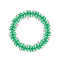 Christmas wreath vector. Winter garland adorned with red holly berries on green pine branches.