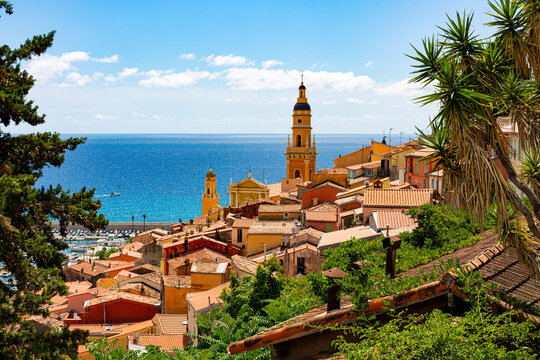 Menton, France. Aerial view of the old town architecture and the Basilica of Saint Michel Archange. Riviera of Cote d'Azure.