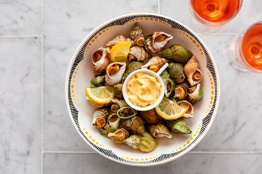 Bulots cuits, cooked waved whelks,  with mayonnaise and rose wine.