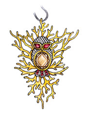 Fototapeta premium Jewelry design fancy art owl pendant.Hand drawing and painting on paper.
