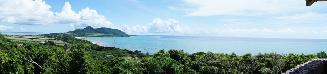 Fototapeta na wymiar Aerial Blue Ocean and Beach View of Ishigaki-jima island from Nosoko Observatory in Okinawa, Japan - 日本 沖縄 石垣島 野底展望台