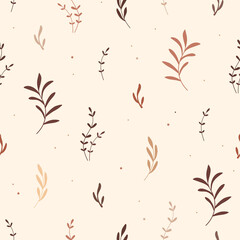 Fototapeta na wymiar Seamless pattern with leaves. Nature art vector background. Boho foliage in pastel colors. Trendy texture for print, textile, fabric, home decor, wall art, social media.