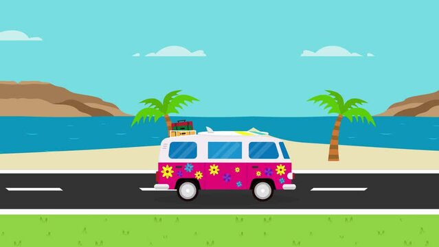 Hippie van moving on road near tropical beach