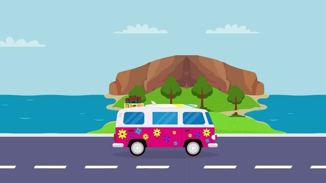 Hippie van moving on road with seascape background