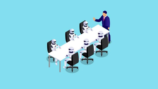 Male manager lead a business meeting with robots