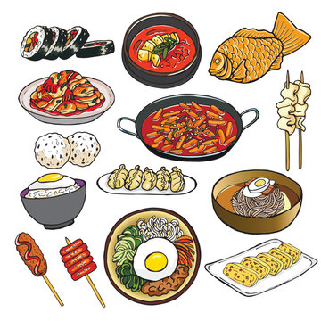 Set with Korean food illustrations. Traditional dishes and street food. Vector illustration.