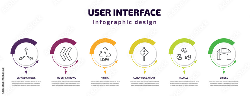 Poster user interface infographic template with icons and 6 step or option. user interface icons such as ex